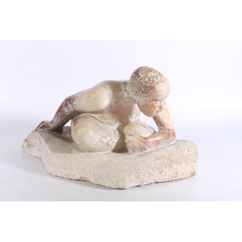 406 - African carved white and pink soapstone sculpture in the form of a crouching nude female figure, uns... 