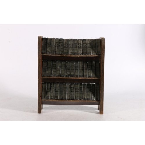 413 - Treen tabletop three shelf bookcase holding forty miniature volumes of Shakespeare published by Alli... 