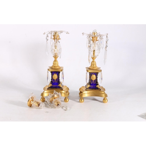 422 - Pair of early 19th century ormolu and cut-glass candlesticks, jasper style porcelain mounts, Van Dyk... 