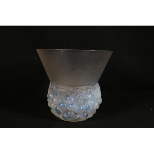 431 - Lalique style cherry 'Cerises' pattern opalescent glass vase of thistle head shape, the flaring neck... 