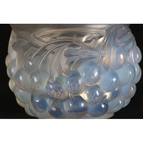 431 - Lalique style cherry 'Cerises' pattern opalescent glass vase of thistle head shape, the flaring neck... 