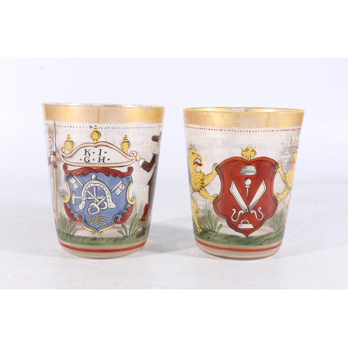 440 - Pair of German antique glass beakers with painted decoration including armorial crests, Nicolavs Wel... 