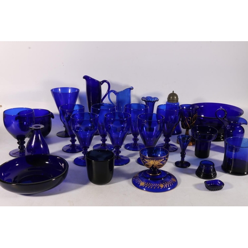 442 - Set of seven Bristol Blue glass wine glasses 14.5cm tall and a part suite of other Bristol Blue glas... 