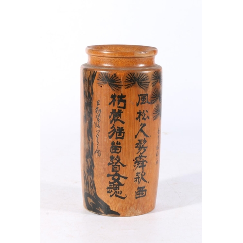 453 - Antique Japanese bamboo brush pot of cylindrical form, the body decorated with Japanese writing and ... 