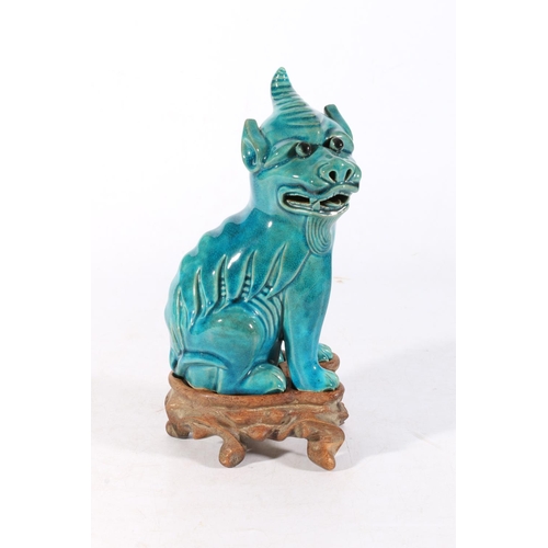 455 - Chinese blue crackle glaze temple dog on hardwood stand, 24cm tall.