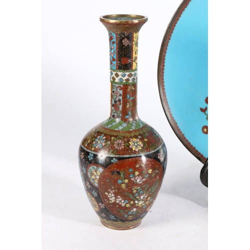 463 - Chinese cloisonné slender neck vase with foliate decoration, 21cm tall, a Chinese blue ground cloiso... 