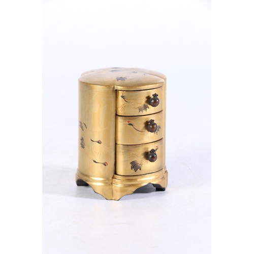 466 - Chinese gilt lacquered three drawer trinket cabinet with stork decorated body, 8cm tall.