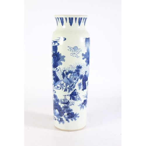 474 - Antique Chinese blue and white column vase, the body decorated with Chinese figures, horses and clif... 