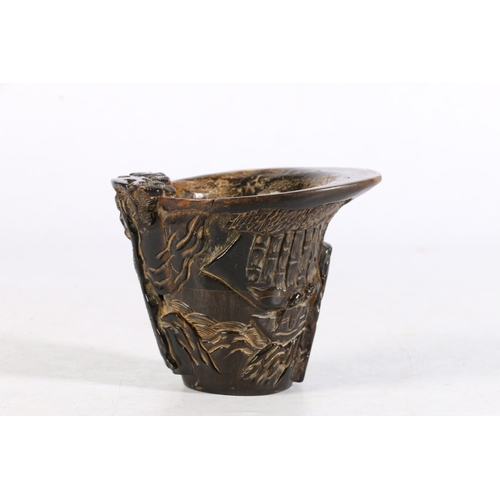 479 - 20th Century carved buffalo horn libation style cup or vessel, the body with all-over decoration of ... 