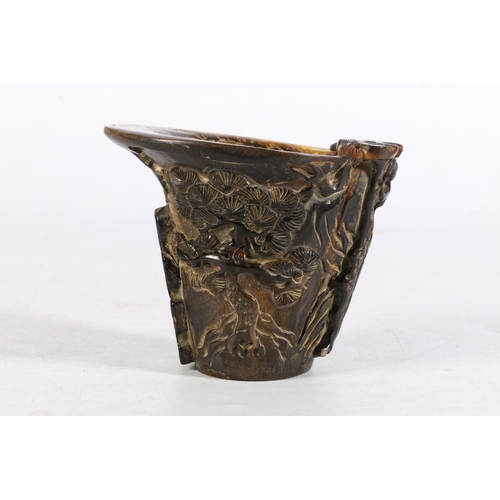 479 - 20th Century carved buffalo horn libation style cup or vessel, the body with all-over decoration of ... 