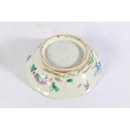 484 - Chinese antique porcelain dish of lobed form with insect and cockerel decoration, 17cm diameter, and... 