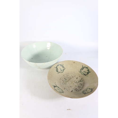 492 - Chinese crackle glazed large bowl with decoration to the body and an antique celadon bowl, both 36cm... 