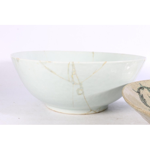 492 - Chinese crackle glazed large bowl with decoration to the body and an antique celadon bowl, both 36cm... 