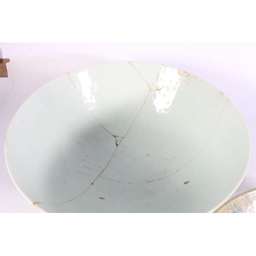 492 - Chinese crackle glazed large bowl with decoration to the body and an antique celadon bowl, both 36cm... 