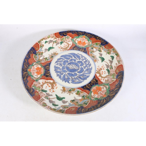 495 - Large Japanese imari charger with blue foliate decoration to central panel, 46cm diameter.