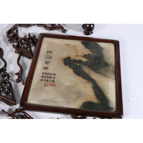 497 - Chinese soapstone table screen in hardwood frame, the soapstone panel with Chinese calligraphy, 46cm... 