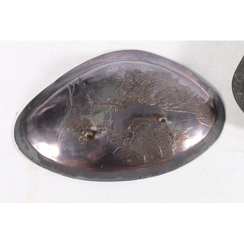 502 - Pair of Japanese clam shaped dishes with geisha and mount Fuji decoration to the body, 21cm.