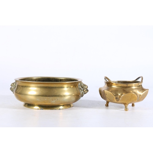 505 - Two Chinese brass censors, one with Kylin head handles and six character mark to base, 14cm diameter... 