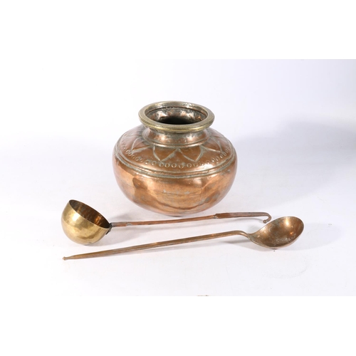 513 - 19th century Indian copper and bronze vessel or pot with 2 ladles, 23cm tall.