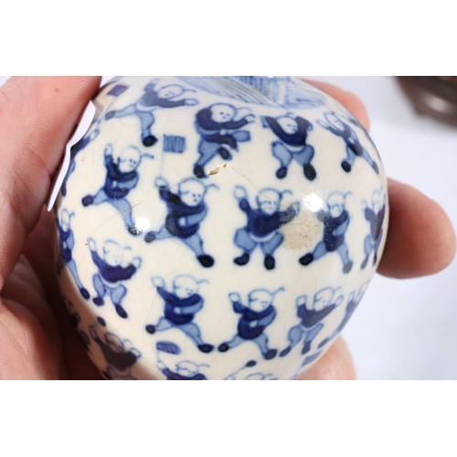 514 - Pair of 19th Century Chinese miniature spherical blue and white vases decorated with the 100 childre... 