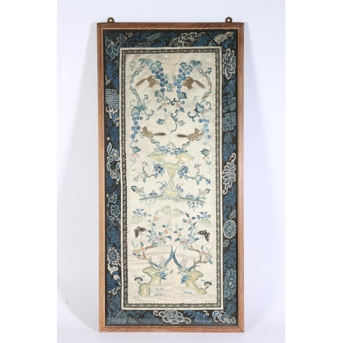 516 - Early 20th Century Chinese embroidered double sleeve panel with animals amongst branches, 60cm x 26c... 