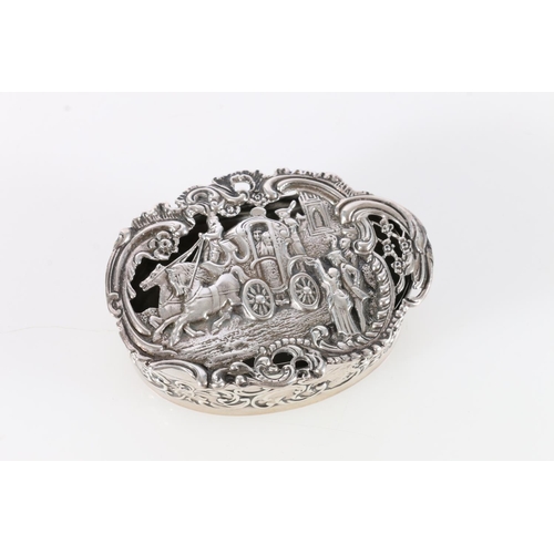 58 - Edwardian sterling silver hinged trinket box, the top decorated with horse and cart scene, William C... 