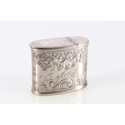 60 - Antique white metal table snuff box of oval form, with foliate scrolling decoration, no marks, 6.5cm... 