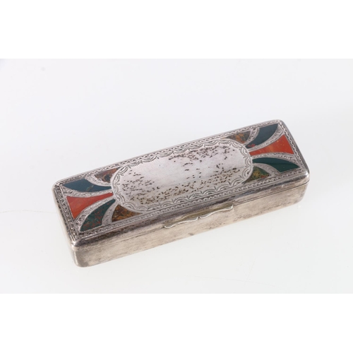 61 - Victorian sterling silver hinged snuff box of rectangular form, inset with Scottish bloodstone and a... 