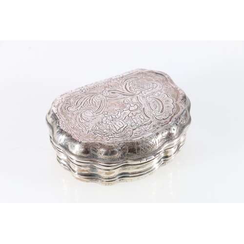 62 - Antique silver table snuff/tobacco box of scalloped shell for, the top depicting a seated bagpiper a... 