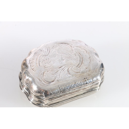 62 - Antique silver table snuff/tobacco box of scalloped shell for, the top depicting a seated bagpiper a... 