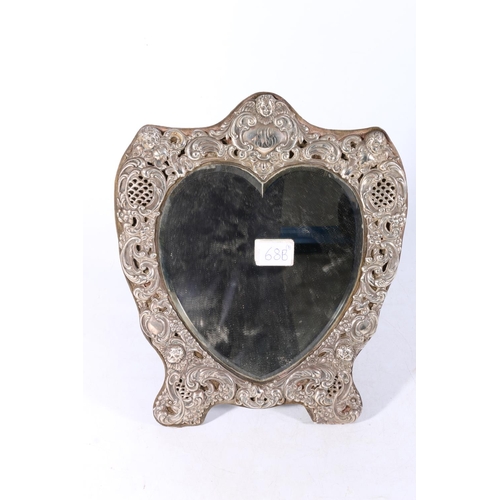 68b - Antique sterling silver easel backed heart shaped mirror, hallmarks scored through, stamped sterling... 