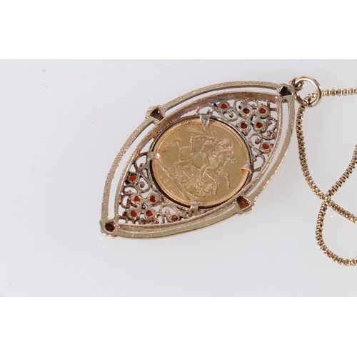 77 - 1892 sovereign in red stone set yellow metal pendant, on 14ct gold chain, 25.2g gross.