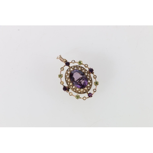 88 - 9ct gold amethyst, seed pearl and peridot set combination brooch, 6.8g.