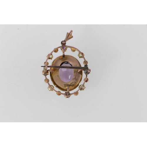 88 - 9ct gold amethyst, seed pearl and peridot set combination brooch, 6.8g.