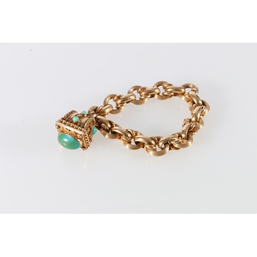 89 - 18ct hollow gold ring link lady's bracelet, with single 18ct gold and turquoise stone set, hinged st... 