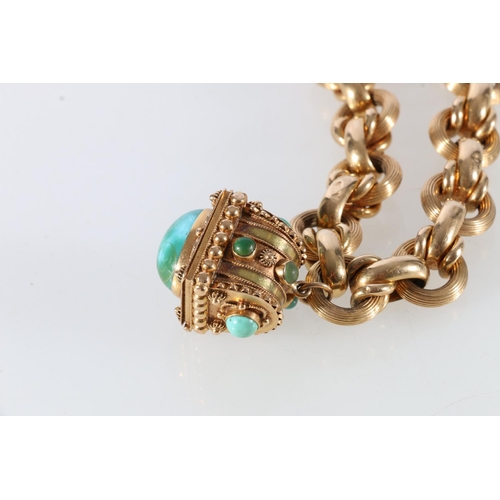 89 - 18ct hollow gold ring link lady's bracelet, with single 18ct gold and turquoise stone set, hinged st... 