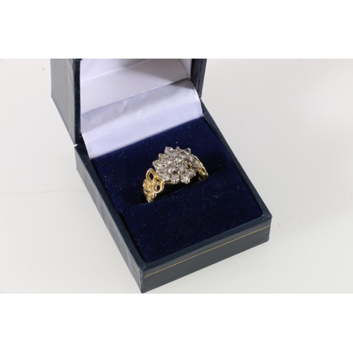 96 - 18ct yellow gold diamond cluster flowerhead ring, size O, 6.9g.