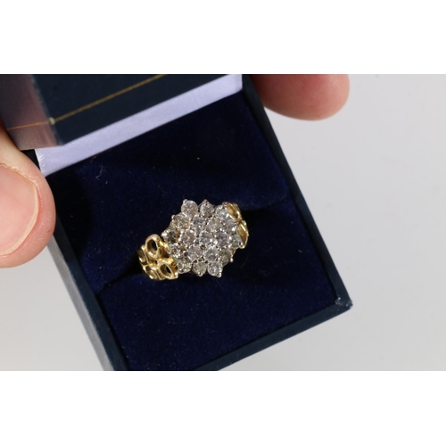 96 - 18ct yellow gold diamond cluster flowerhead ring, size O, 6.9g.