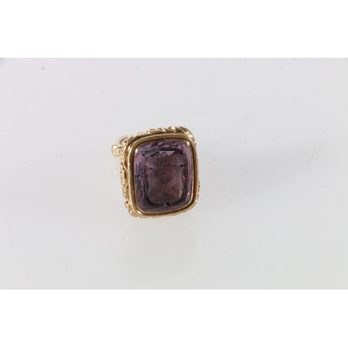 98 - 15ct gold amethyst set intaglio seal fob, cave adsum - Clan Jardine, 11.2g.