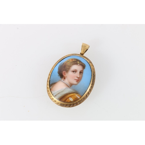 99 - 9ct yellow gold pendant, depicting Victorian figure in dress, with pearl necklace, 6cm drop, 16.7g.