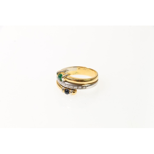 102 - 18ct gold diamond and two coloured gem set lady's dress ring, size O, 7.7g, and an 18ct gold shaped ... 