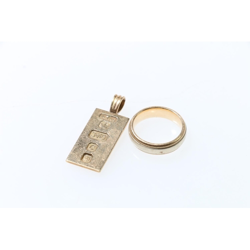 106 - 9ct gold ingot pendant, London 1938, Alfred Terry Ltd, 5.5g, and a 14K stamped wedding band, size J,... 