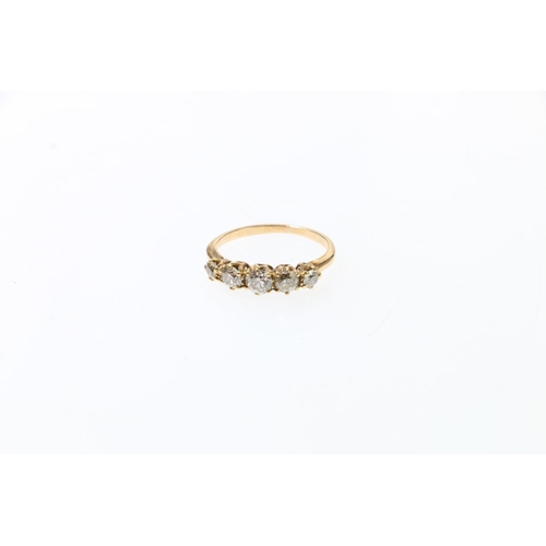 109 - Unhallmarked gold five stone diamond ring, size J, 2.2g.