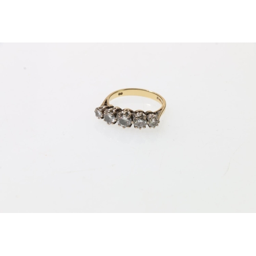 113 - 18ct yellow gold five stone diamond ring, London, size N, 4.7g.