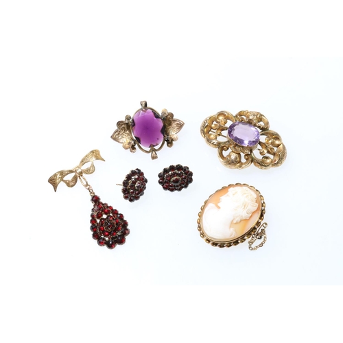 118 - Garnet set pendant and earring suite, with 9ct gold brooch suspender, a 9ct gold amethyst set brooch... 