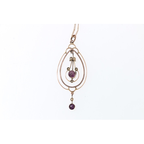 122 - 9ct gold amethyst and seed pearl pendant, on yellow metal chain with replacement barrel clasp, 3.4g ... 