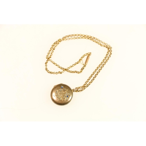 124 - 9ct gold belcher link necklace, with yellow metal seed pearl and sapphire locket, barrel clasp, 10.8... 