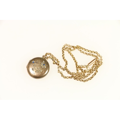 124 - 9ct gold belcher link necklace, with yellow metal seed pearl and sapphire locket, barrel clasp, 10.8... 