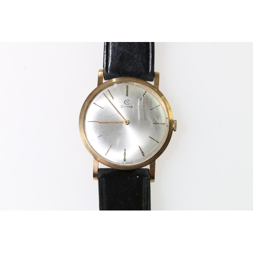 125 - 9ct gold gent's Cyma wristwatch, on leather strap.