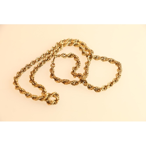 131 - 9K yellow gold rope twist necklace, 64cm long, 17g.